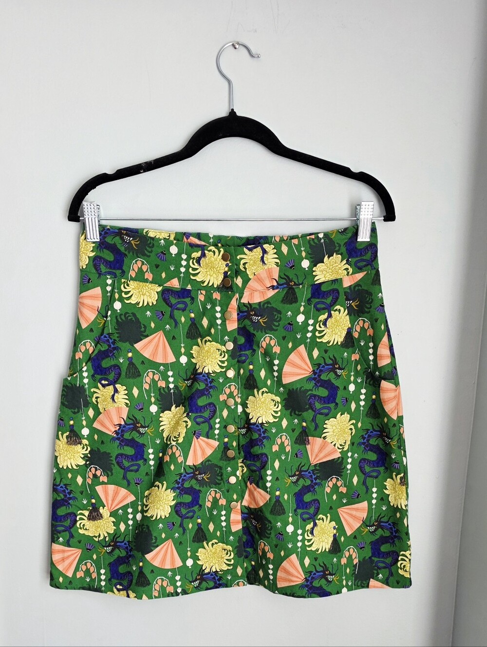 Green Floral & Dragon Print A-Line Skirt by Kazak Montreal